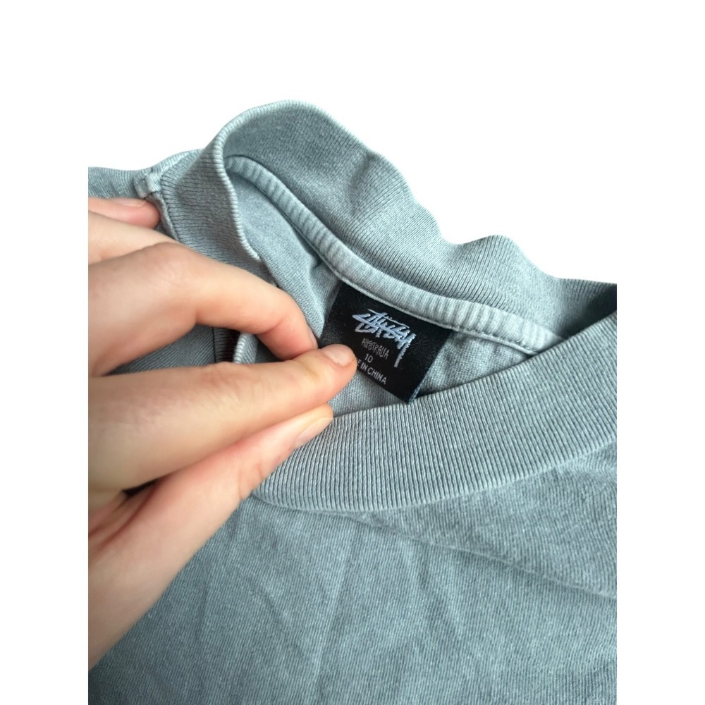 Stussy Designs Light Blue Gray Pocket T Shirt Women Oversized Boxy Fit - Picture 3 of 7